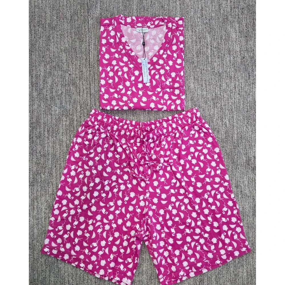 Cosabella Mens Pink Flamingo Seashell Print Pajama Set V-Neck Top Shorts NEW